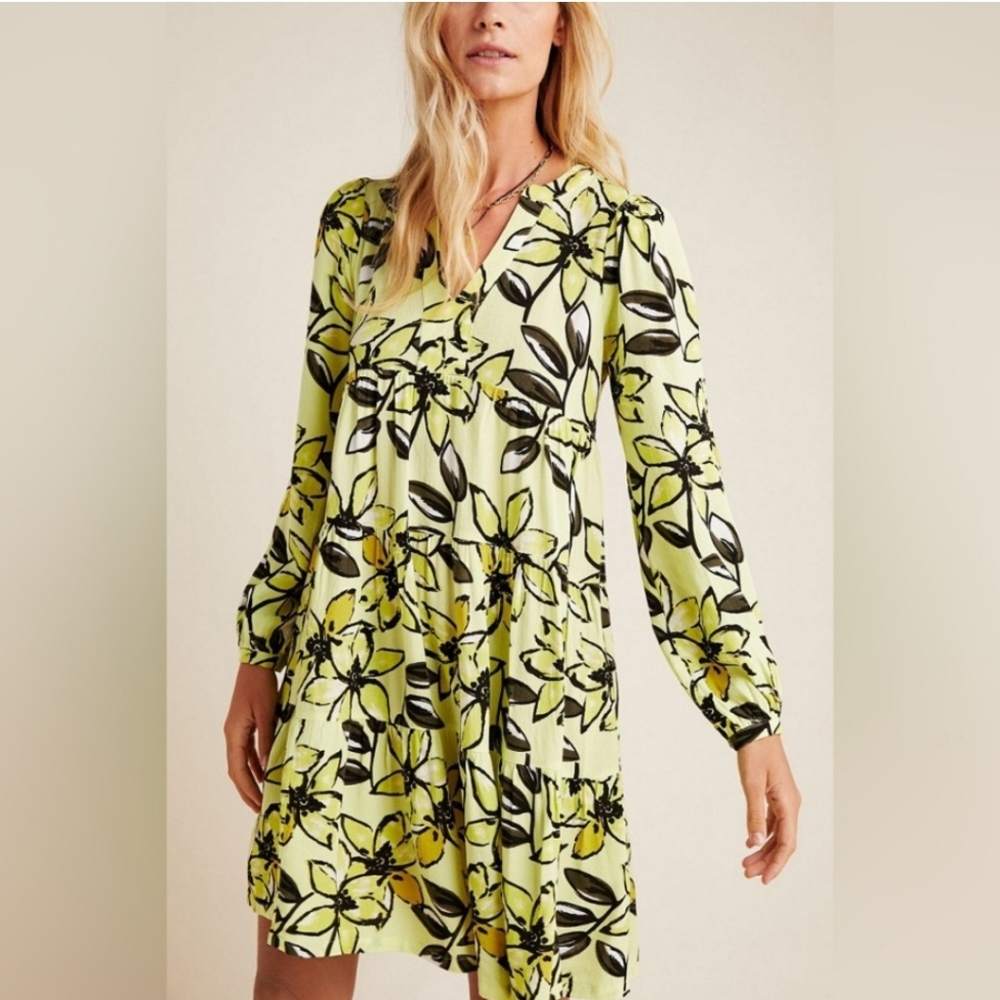 Anthropologie Yellow Floral Print Tiered Flowy Lightweight  Long Sleeve Dress 1X